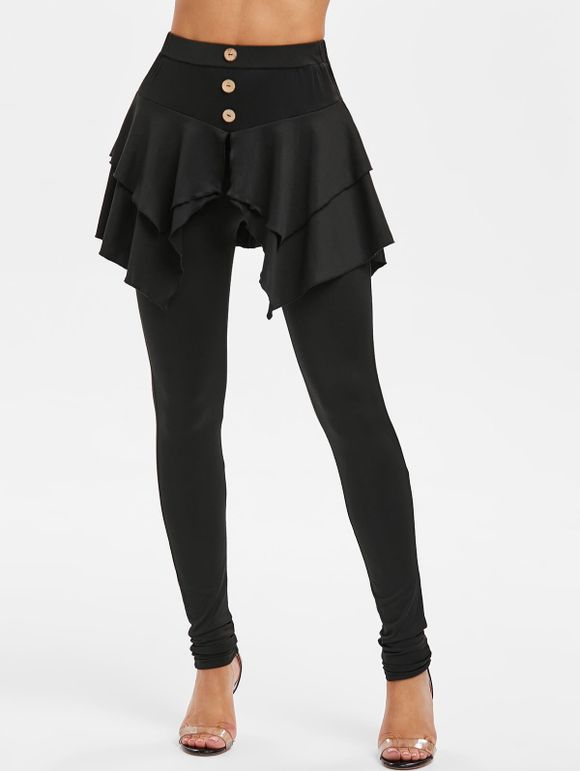 Pantalon Moulant Boutonné à Taille Haute - Noir XL