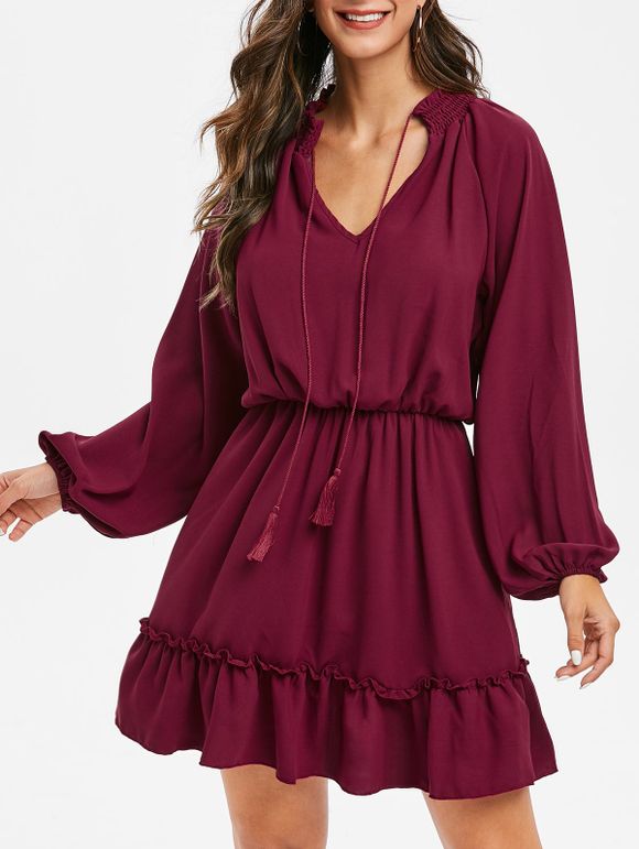 Tassels V Neck Solid A Line Dress - RED WINE XL