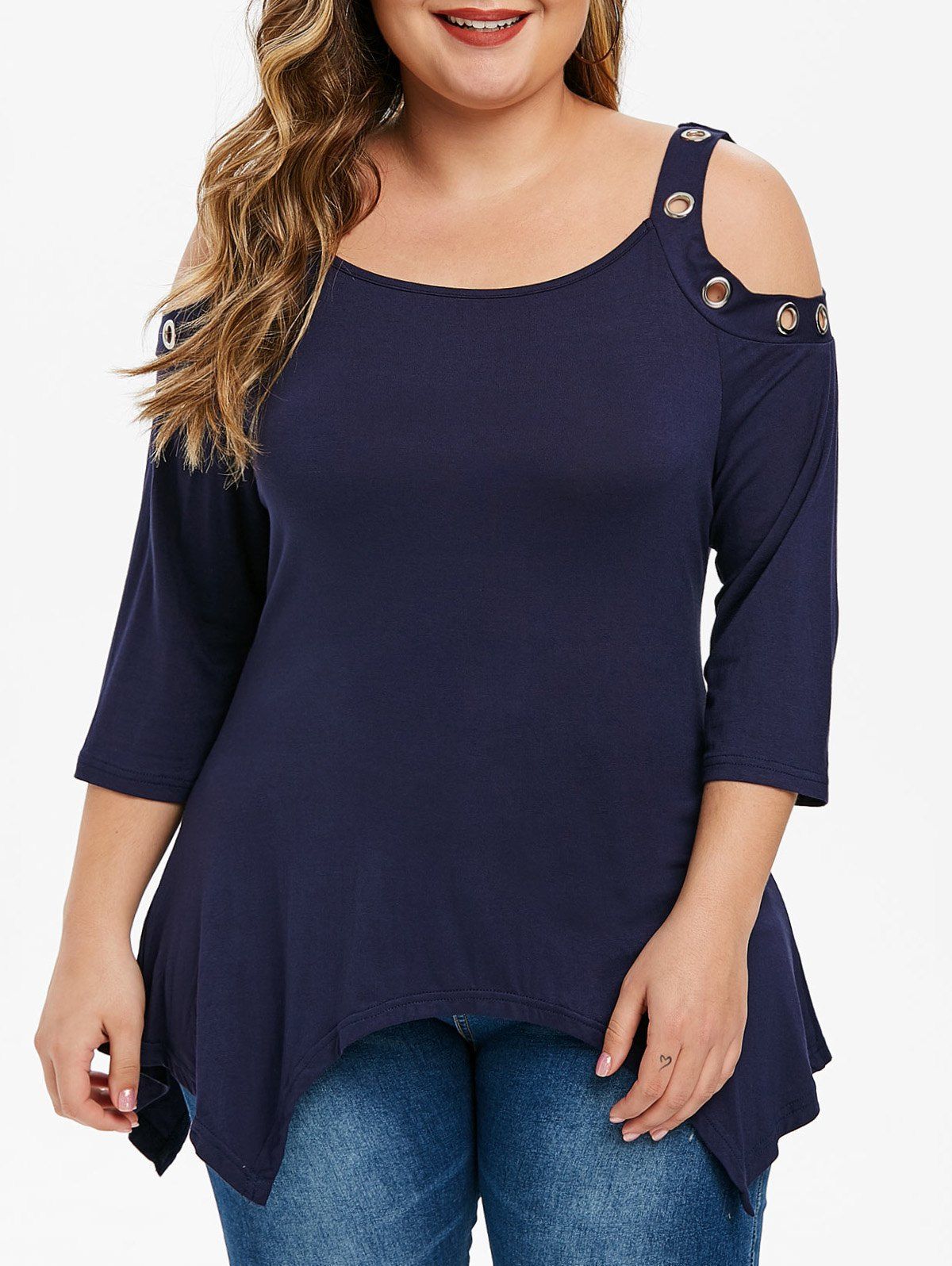 

Grommet Open Shoulder Handkerchief Plus Size Top, Blue
