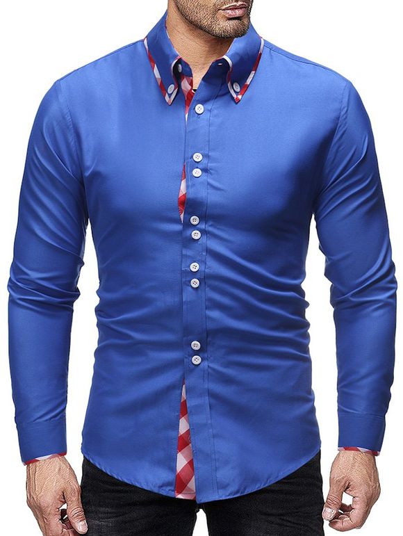 Chemise Boutonnée à Carreaux Jointif à Manches Longues - Bleu profond 2XL