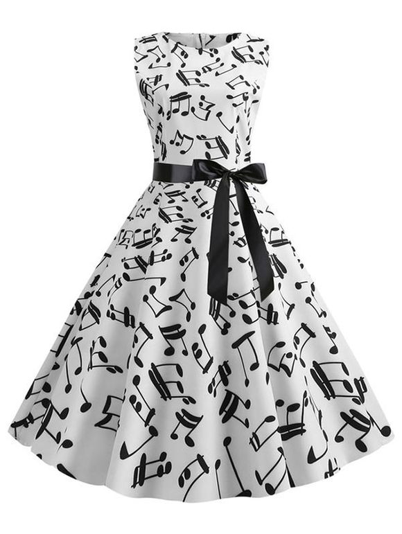 Robe Evasée Ceinturée Note de Musique Sans Manches - Blanc L