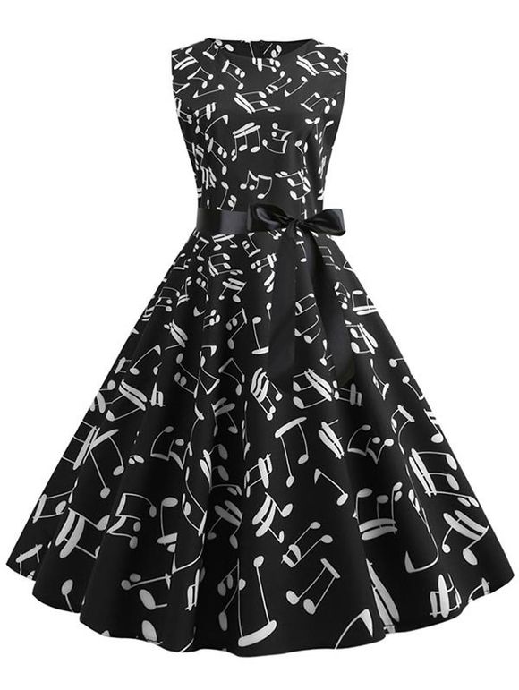 Robe Evasée Ceinturée Note de Musique Sans Manches - Noir S