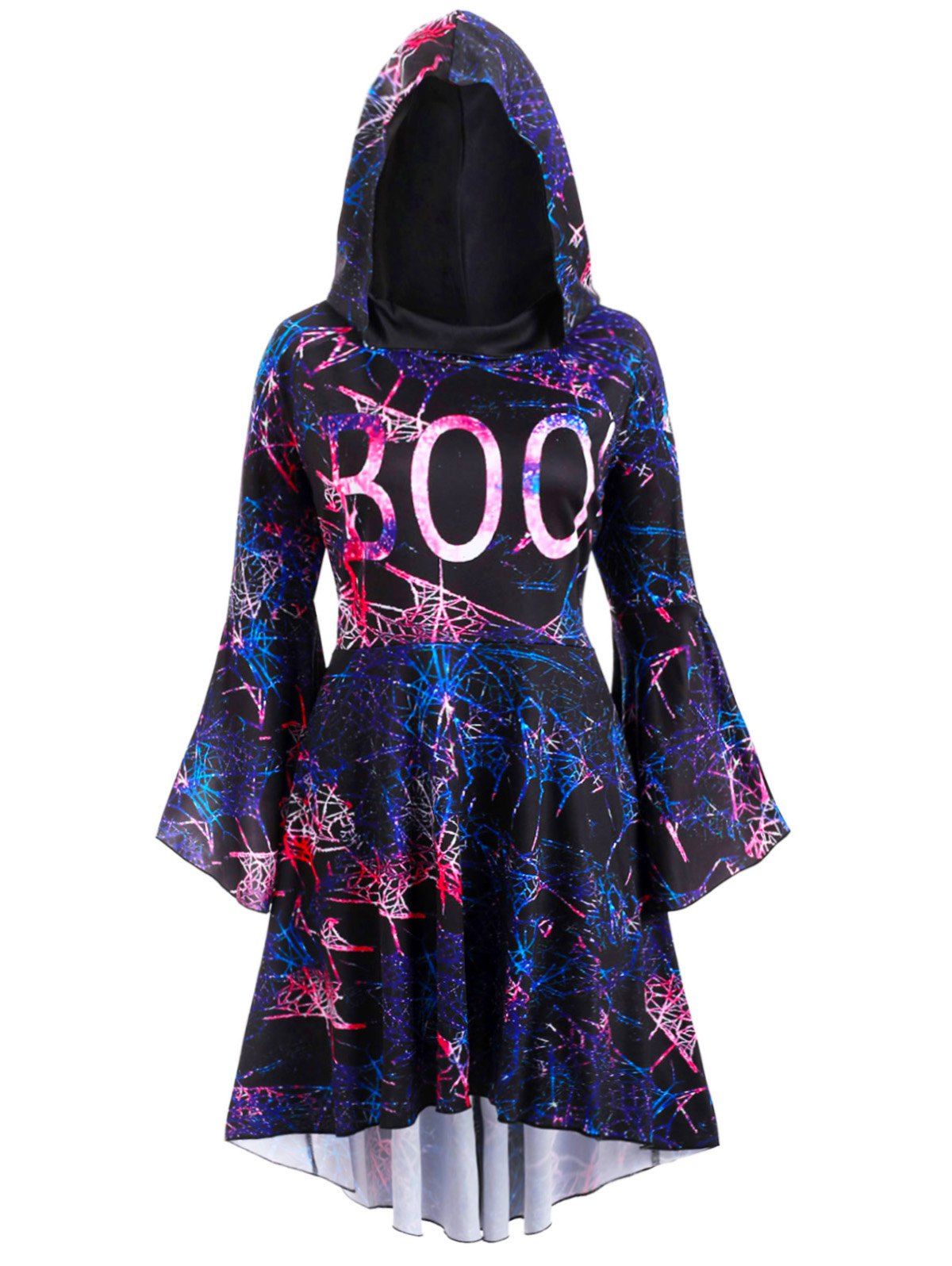 

Galaxy Print Flare Sleeve High Low Hooded Plus Size Dress, Black