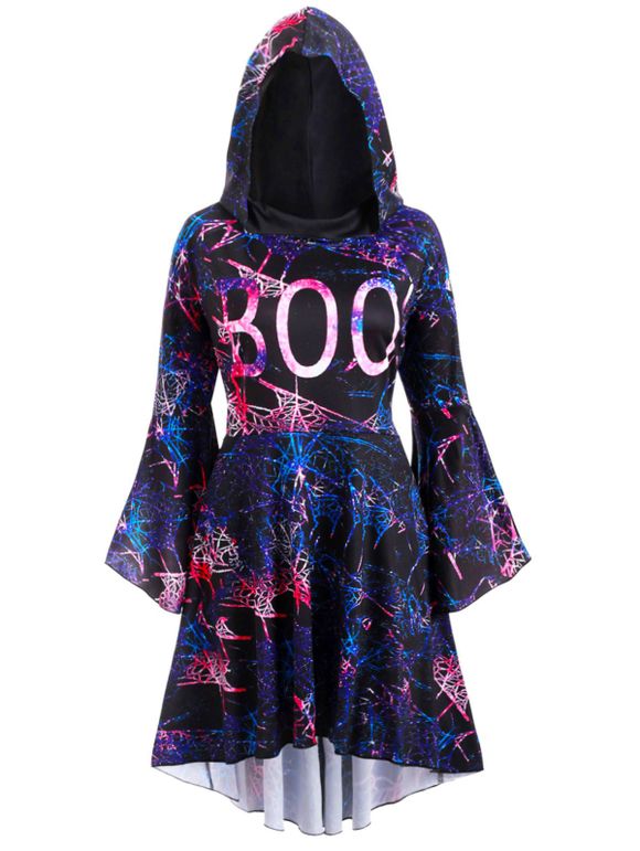 Robe Evasée Haute Basse Galaxie Imprimée à Manches Evasées Grande Taille - Noir L