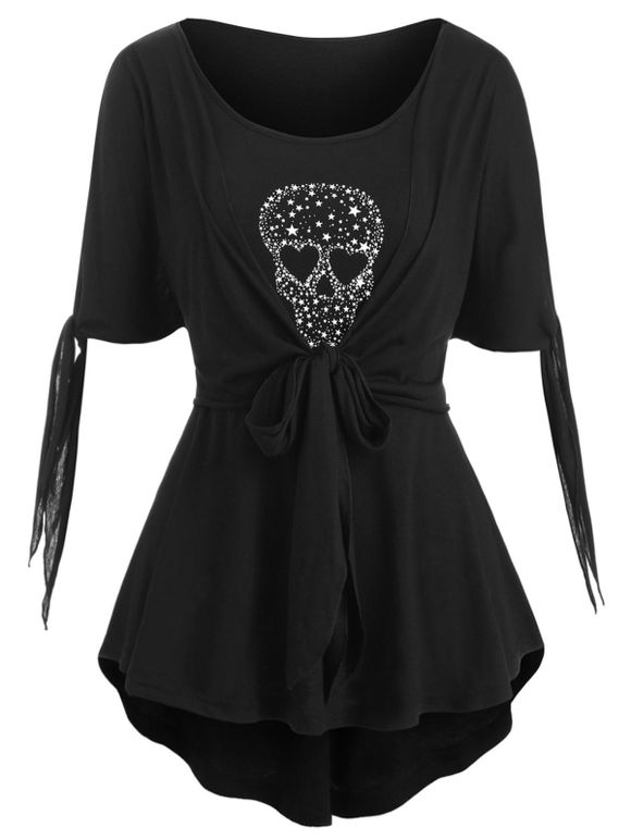 Skull Star Noué Haut Bas Halloween Plus Taille Top - Noir 1X