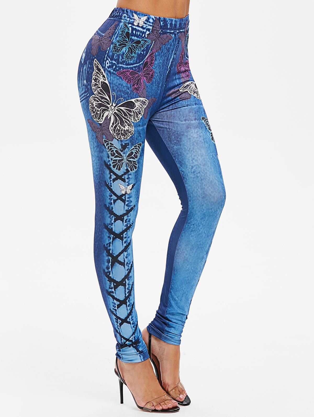 

Faux Denim Butterfly Print Skinny Jeggings, Denim blue