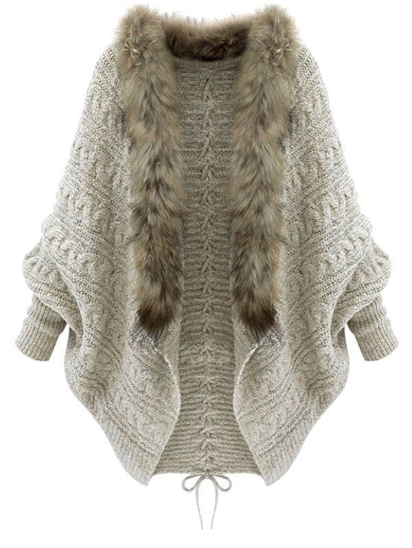 

Plus Size Batwing Sleeve Faux Fur Lace Up Chunky Cardigan, Tan