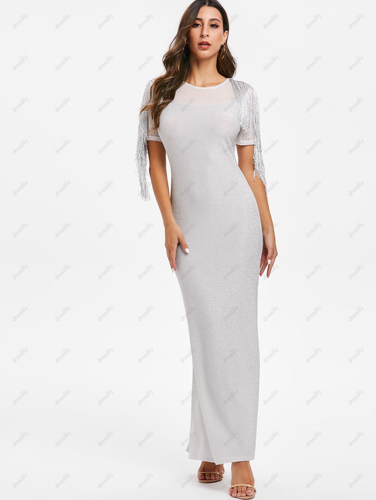 [25 OFF] 2021 Glitter Mesh Panel Fringed Maxi Bodycon Dress In SILVER