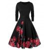 Robe Vintage Ligne A Rose Imprimée de Grande Taille à Manches Longues - Noir 3X