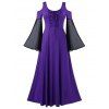 Maxi Robe Vintage Contrastée à Epaule Dénudée Grande Taille à Lacets - Violet Améthyste L