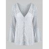 Blouse Panneau en Dentelle Transparente de Grande Taille Manches Evasées à Col V - Gris L