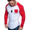 T-shirt Contrasté Manches Raglan à Ourlet Plissé avec Poche - Rouge 3XL