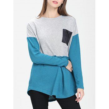 

Front Pocket Colorblock Tunic Sweater, Peacock blue