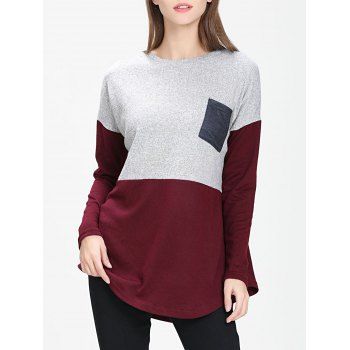 

Front Pocket Colorblock Tunic Sweater, Red wine