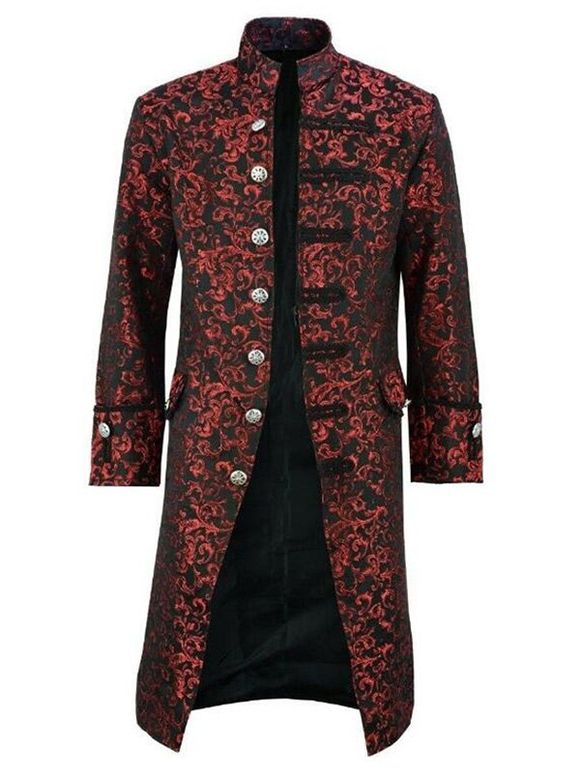 Manteau Trench Style Chinois Imprimé avec Bouton - Rouge Vineux M