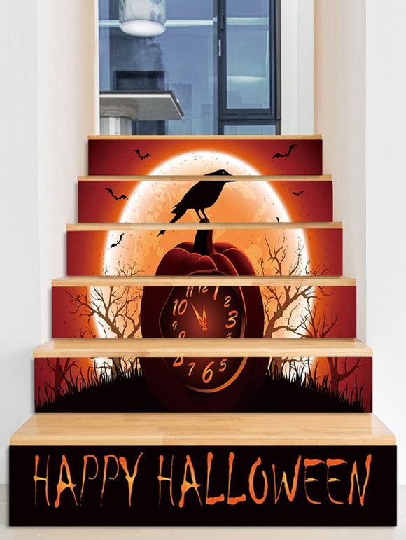 Stickers d'escalier amovibles avec horloge citrouille Halloween Moon Night - multicolor 6PCS X 39 X 7 INCH( NO FRAME )