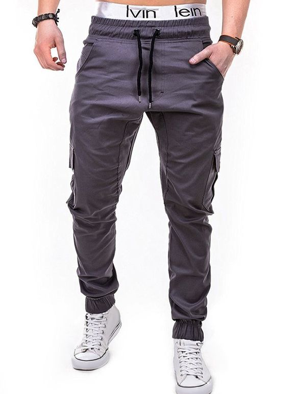 Pantalon de Jogging en Couleur Unie avec Poche à Rabat à Cordon - Gris S