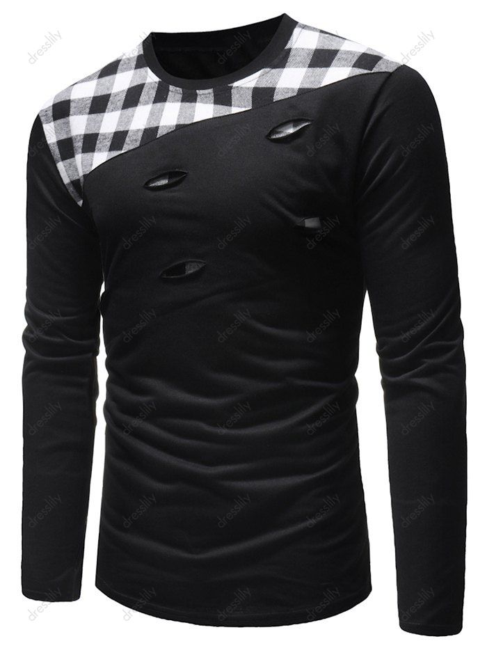 [47% OFF] 2020 Plaid Pattern Long Sleeve Ripped T-Shirt In BLACK ...