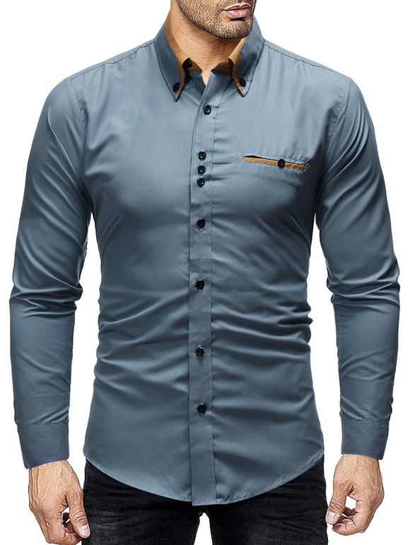Chemise Boutonnée en Couleur Contrastée avec Fausse Poche - Bleu gris 2XL