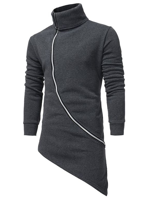 Sweat-shirt Zippé Haut Bas Long en Couleur Unie en Laine - Gris Foncé XL