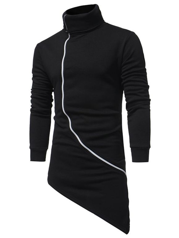 Sweat-shirt Zippé Haut Bas Long en Couleur Unie en Laine - Noir L