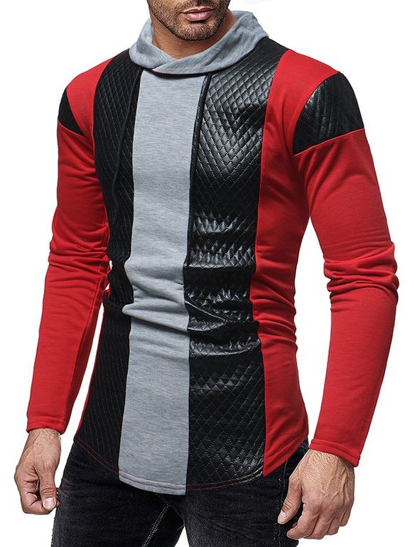 Sweat-shirt Jointif en Couleur Contrastée en Faux Cuir à Cordon - Rouge 2XL
