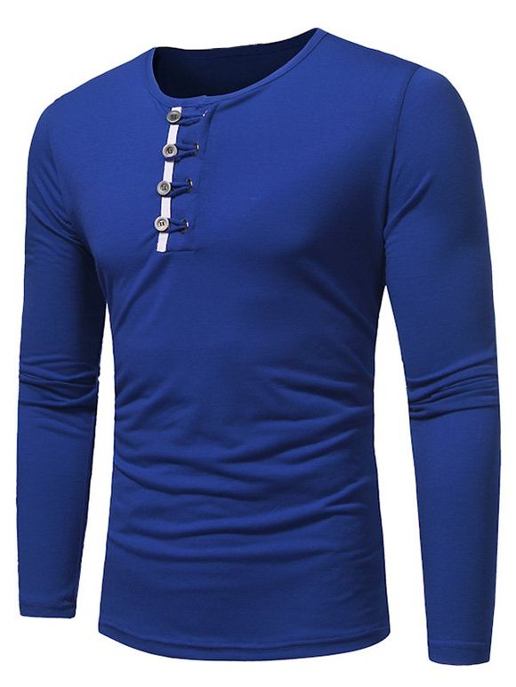 T-shirt Jointif à Manches Longues avec Bouton - Bleu M