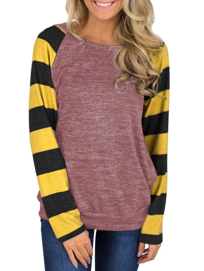 

Striped Heathered Raglan Sleeves Longline Tee, Pale violet red