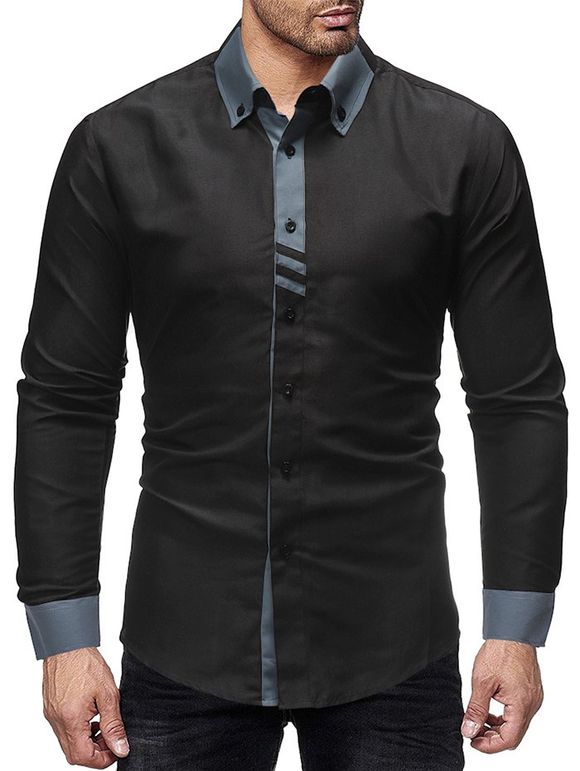 Color-blocking Spliced Long Sleeve Button Shirt - BLACK XL