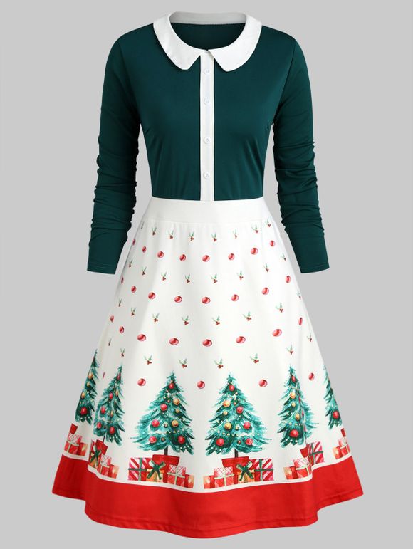 Christmas Tree Buttons Peter Pan Collar Dress - DARK GREEN L