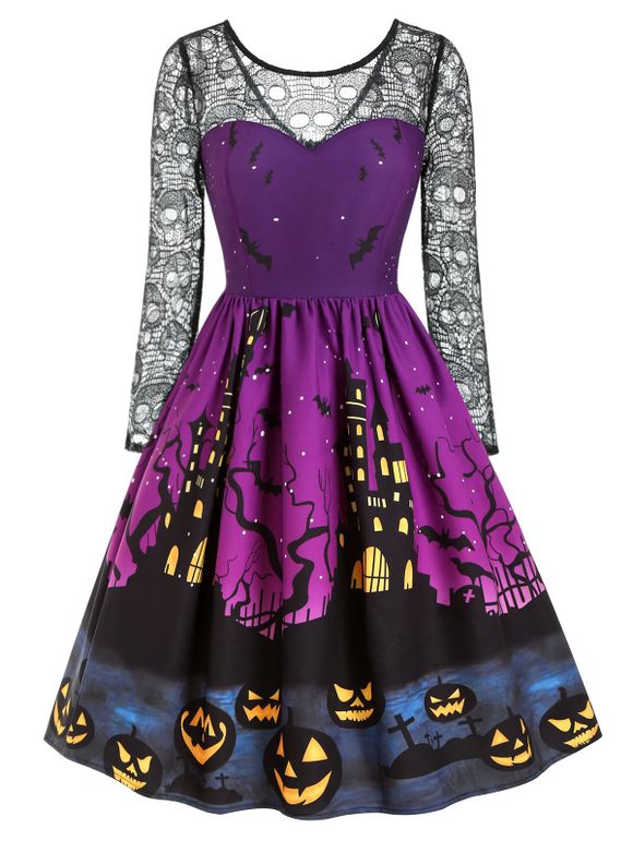 Halloween Pumpkin Bat Print Lace Insert Dress - multicolor M