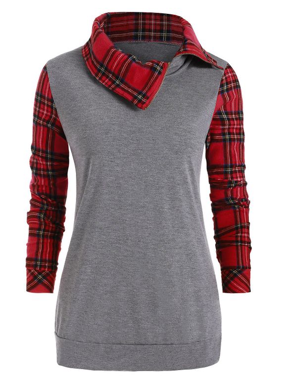 Sweatshirt Contrasté à Carreaux avec Bouton - Gris 2XL