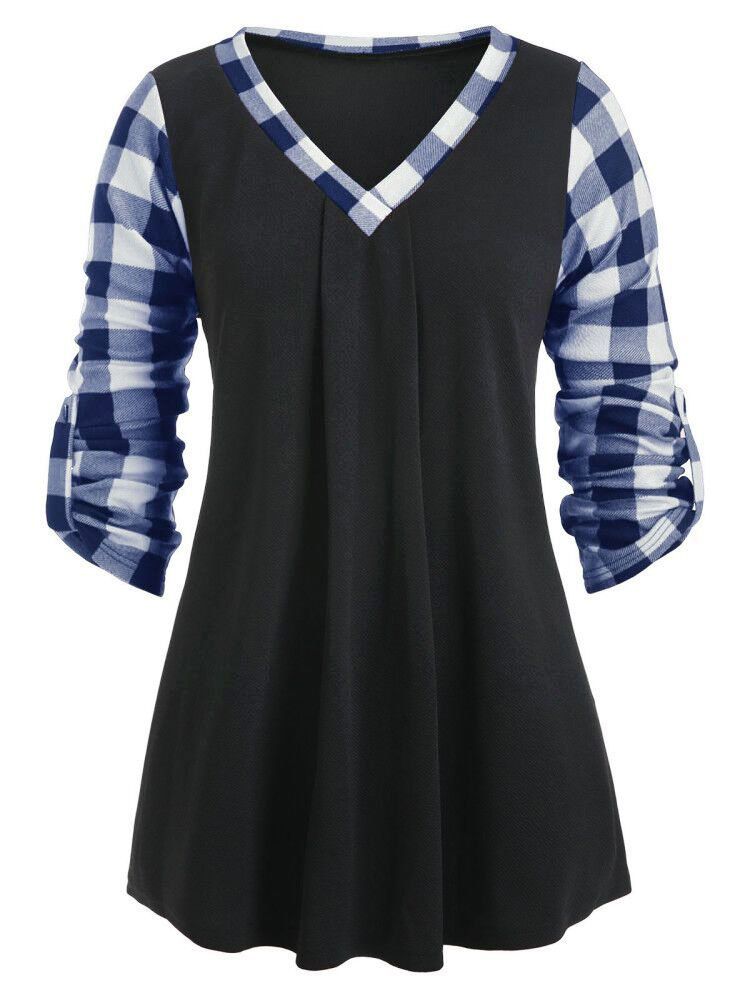 

Plus Size Plaid V Neck Tee, Blue