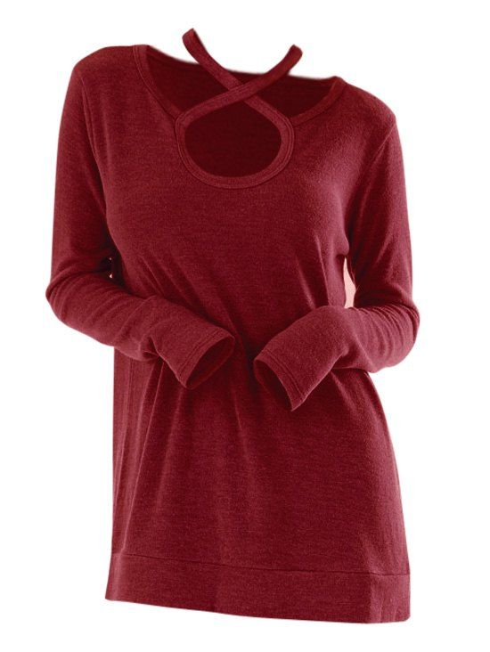 T-shirt Long Croisé avec Trou de Serrure - Rouge Vineux M
