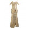 Off Shoulder High Slit Gathered Sequined Sparkly Maxi Dress - GOLD L