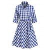 Button Up Plaid Belted Flare Dress - BLUE M