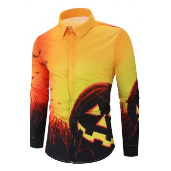 

Halloween Pumpkin Bat Print Long Sleeve Button Shirt, Multicolor
