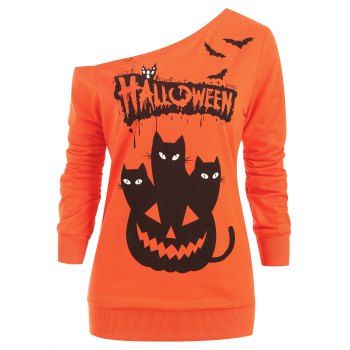 Skew Neck Bat Pumpkin Cats Print Halloween Sweatshirt