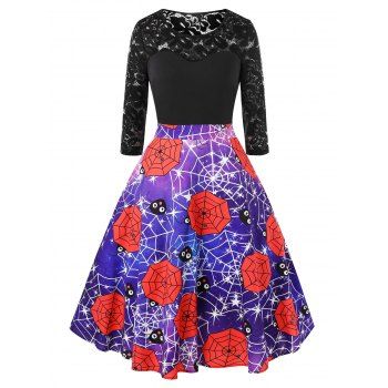 

Plus Size Vintage Galaxy Spider Web Print Halloween Party Dress, Black