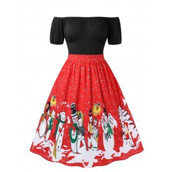

Plus Size Off The Shoulder Snowman Print Christmas Dress, Red