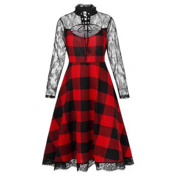 

Plus Size Cut Out Lace Insert Plaid Halloween Dress, Red wine