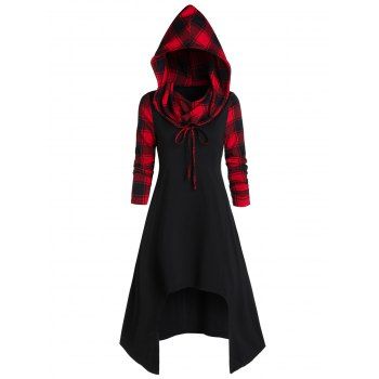 

Hooded Plaid High Low Convertible Midi Dress, Black