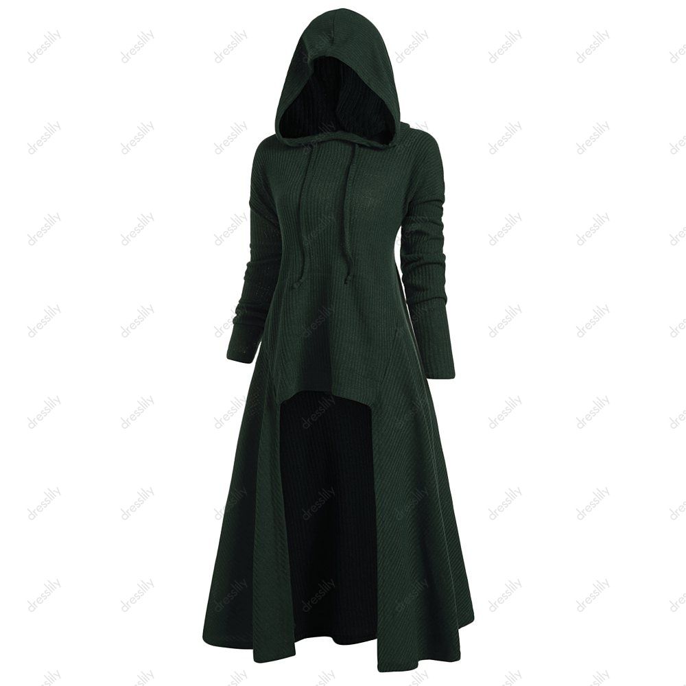 

Hooded High Low Drop Shoulder Longline Sweater, Dark forest green