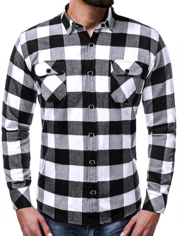 

Checkered Print Chest Pocket Button Shirt, Black