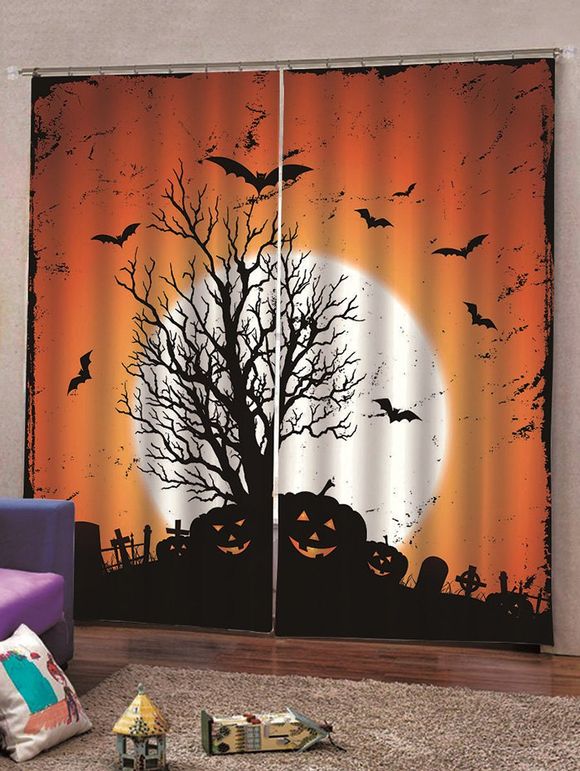 Rideaux de Fenêtre d'Halloween Chauve-souris et Citrouille 2 Panneaux - multicolor C W70×L100CM×2PCS