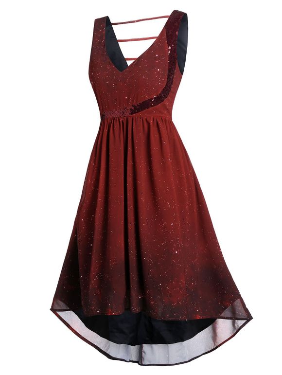 Robe Galaxie Imprimée Taille Haute à Col Plongeant - Rouge Vineux 3XL
