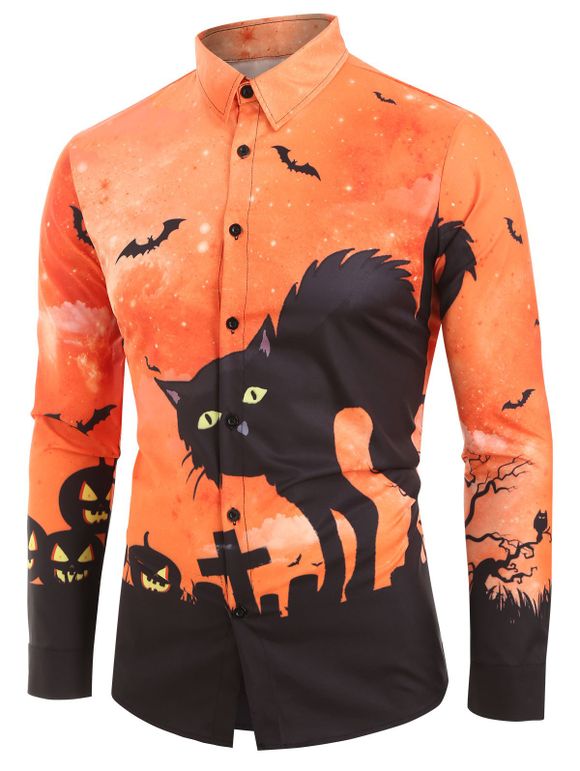 Chemise d'Halloween Chat et Chauve-souris Imprimés à Manches Longues - multicolor M