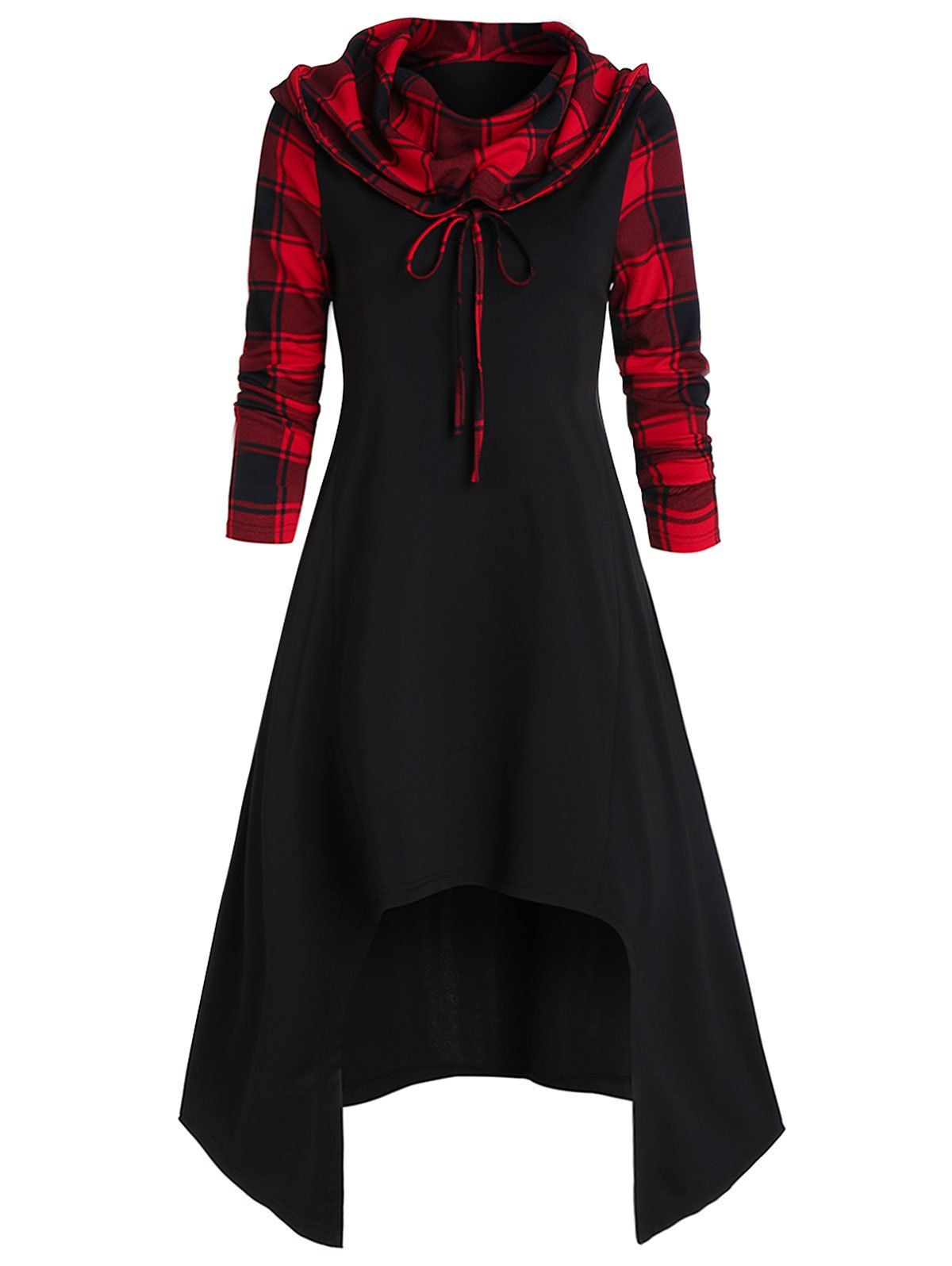 Robe à Capuche Mi-Longue Convertible Haute Basse à Carreaux - Noir L