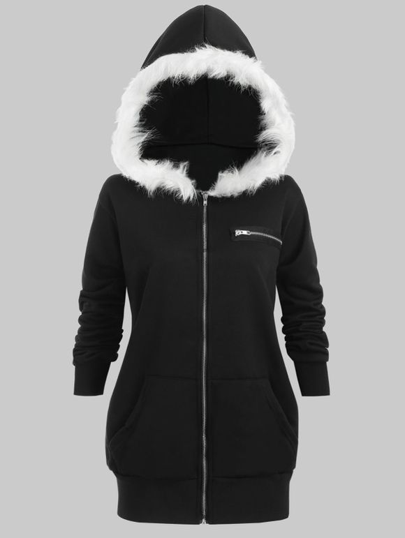 Manteau à Capuche Fausse Fourrure Imprimé de Grande Taille - Noir 3X