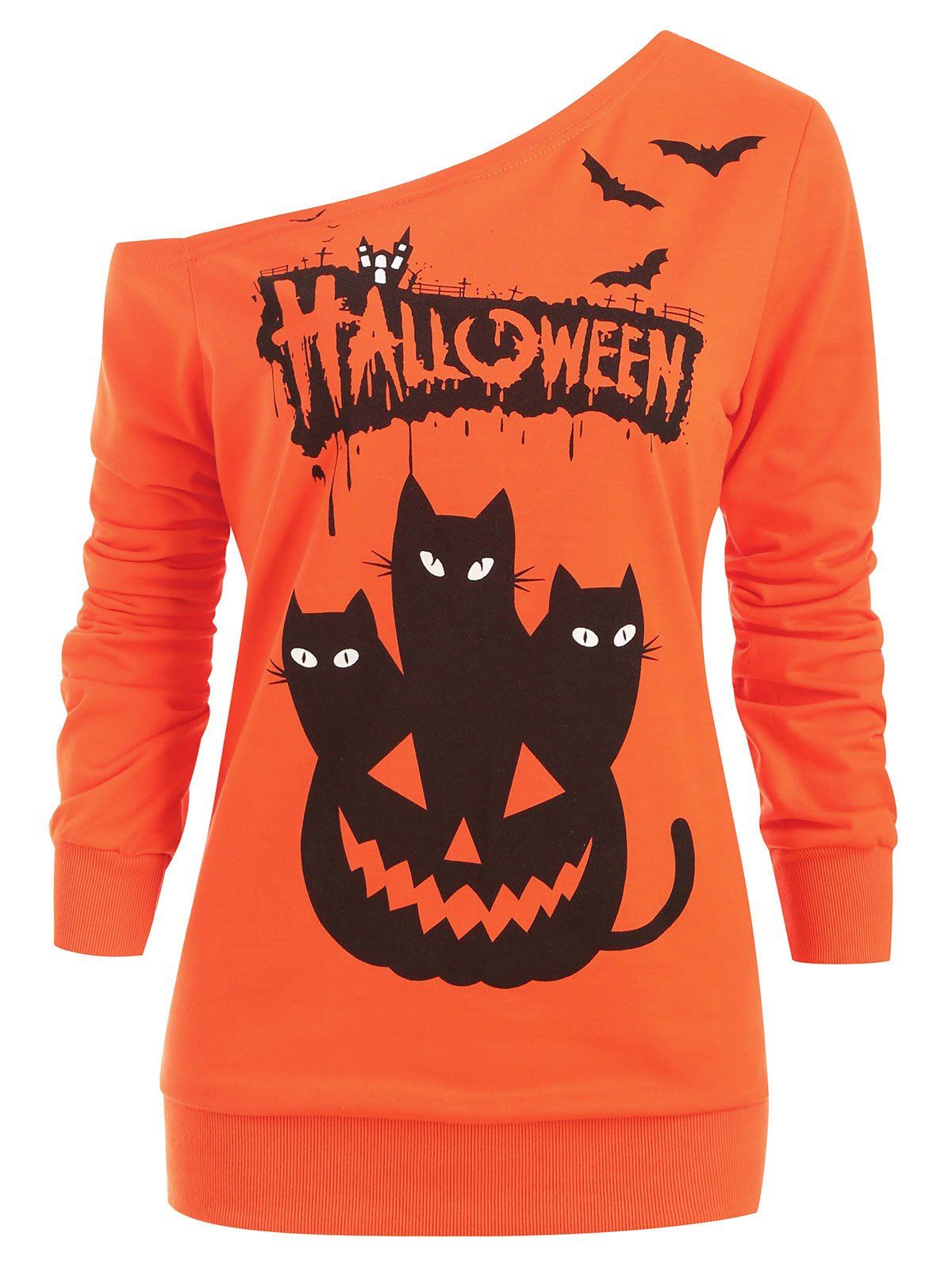 Skew Neck Bat Pumpkin Cats Print Halloween Sweatshirt - PUMPKIN ORANGE M